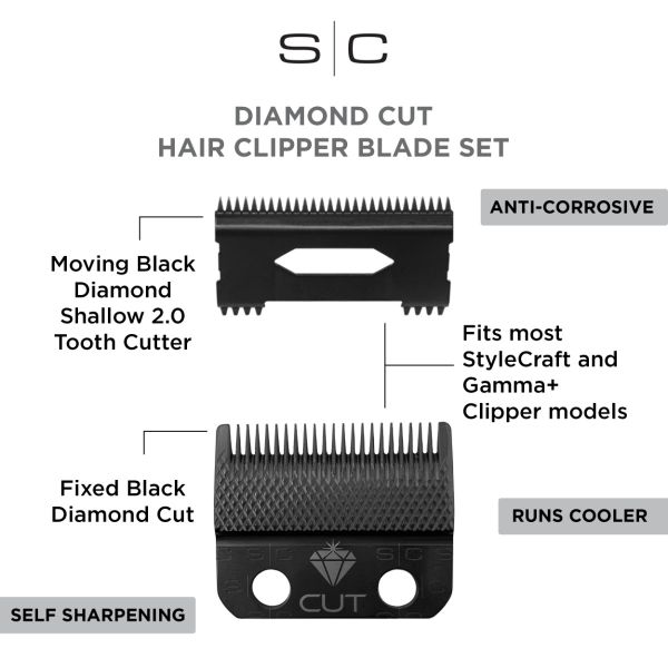 StyleCraft Replacement Diamond Cut Fixed Fade Hair Clipper Blade with Shallow Tooth 2.0 Moving Cutter Set